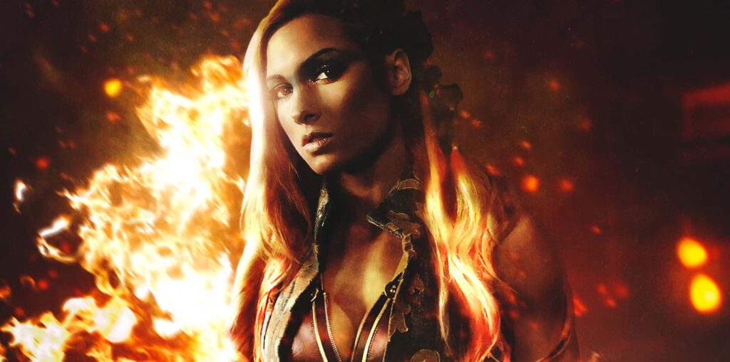 Becky Lynch fiery intense gaze bold stance blazing fire dramatic wallpaper background