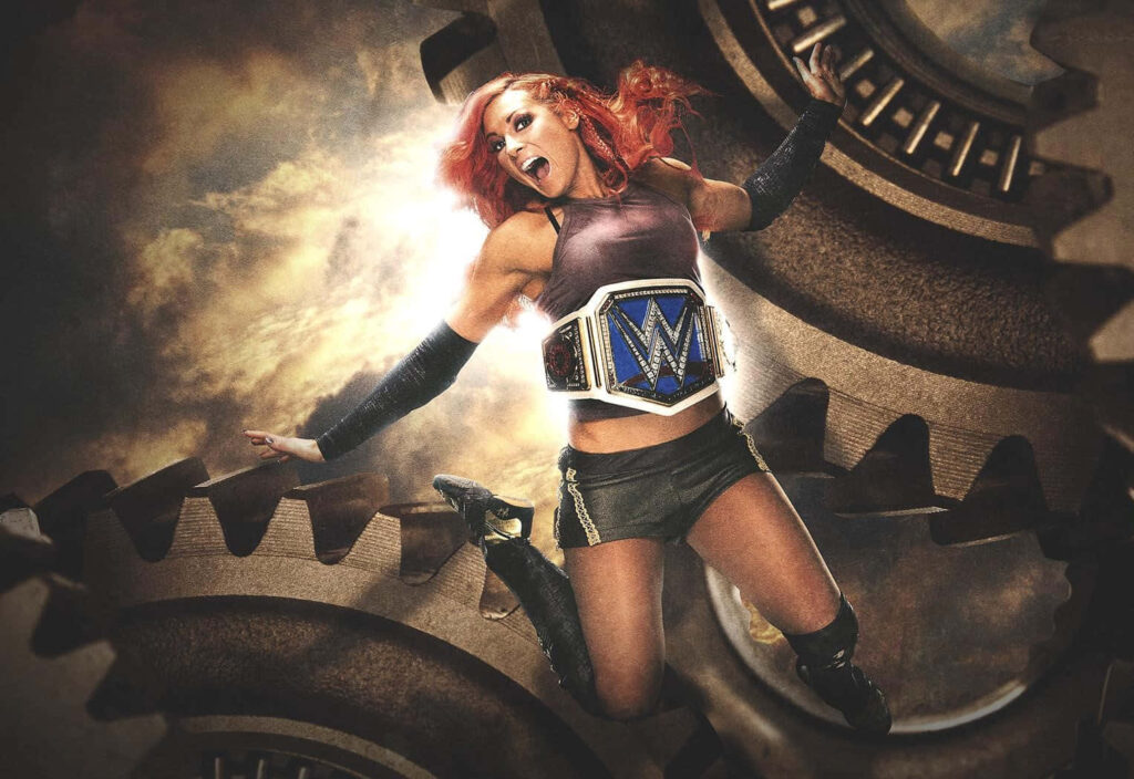 Becky Lynch jumps in front of giant gears holding WWE championship belt dynamic wallpaper background
