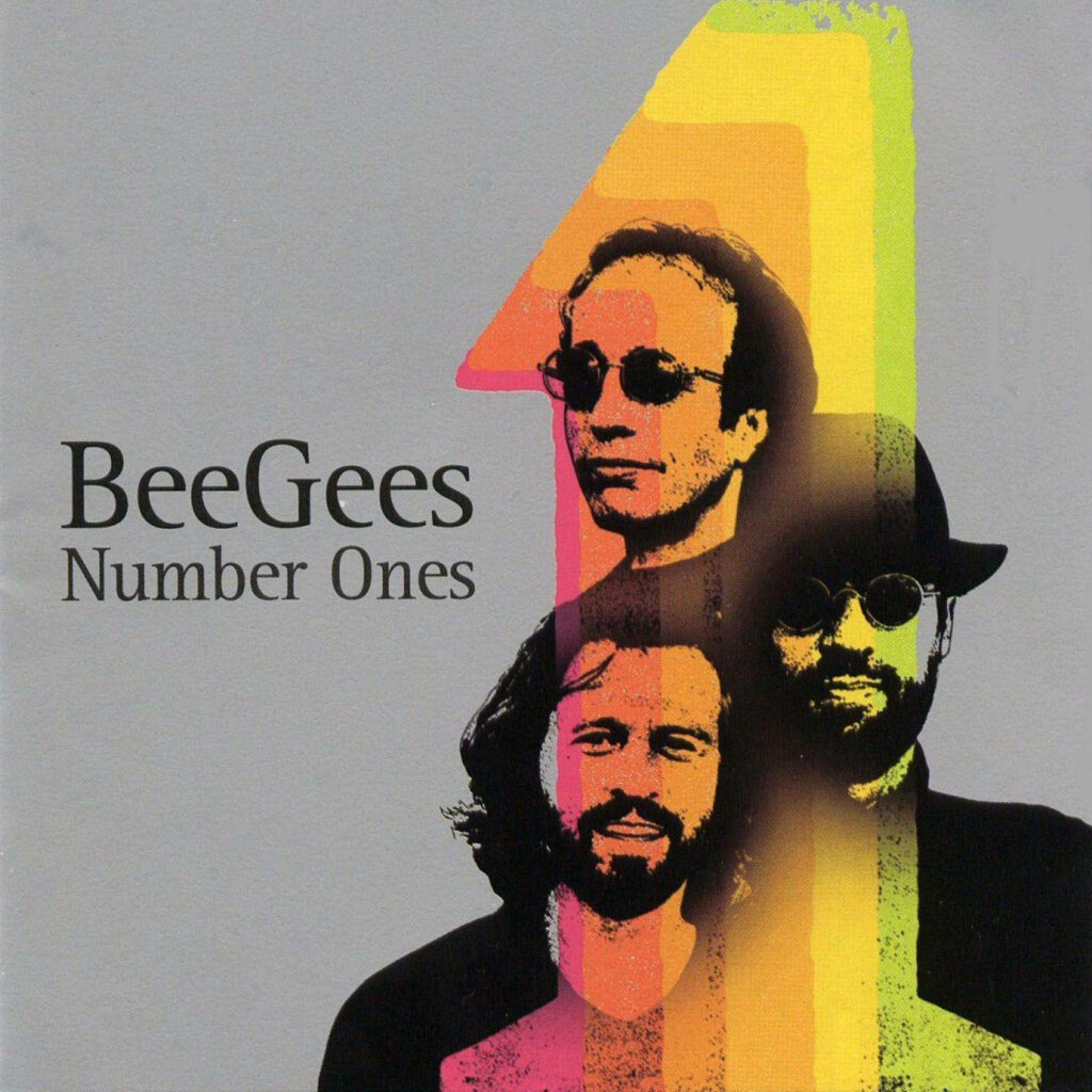Bee Gees Number Ones album cover with portraits of Barry Robin Maurice Gibb and vibrant number one Wallpaper