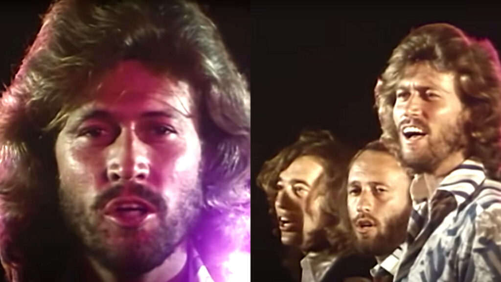 Bee Gees wallpaper with close-up of Barry Gibb and group performance on vibrant background