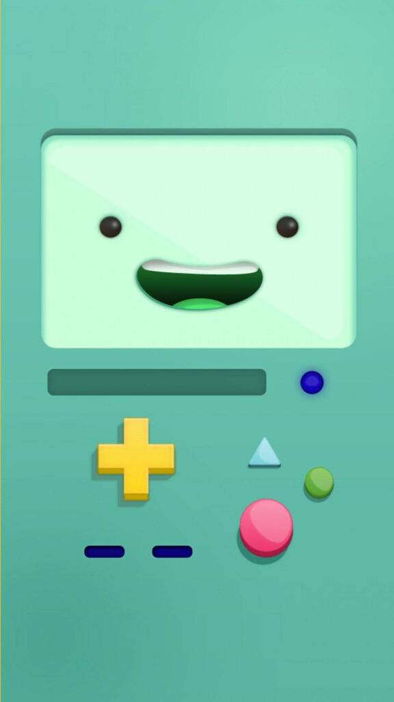 Beemo character wallpaper from Adventure Time with vibrant buttons on teal background