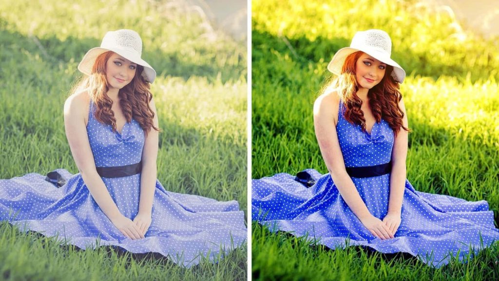 Before and after photo editing of a woman in blue dress and white hat in grassy field with vibrant colors Wallpaper