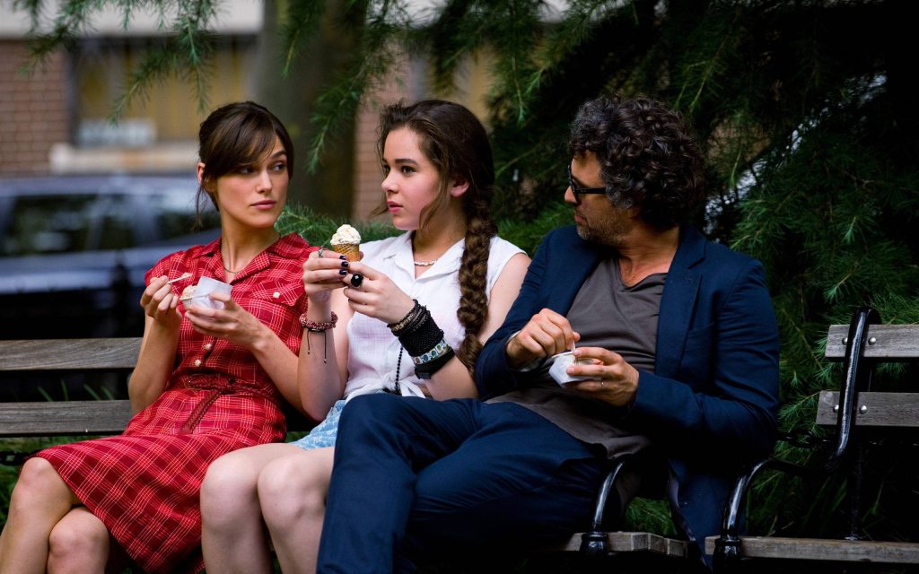 Begin Again movie still Keira Knightley Hailee Steinfeld Mark Ruffalo park bench ice cream Wallpaper