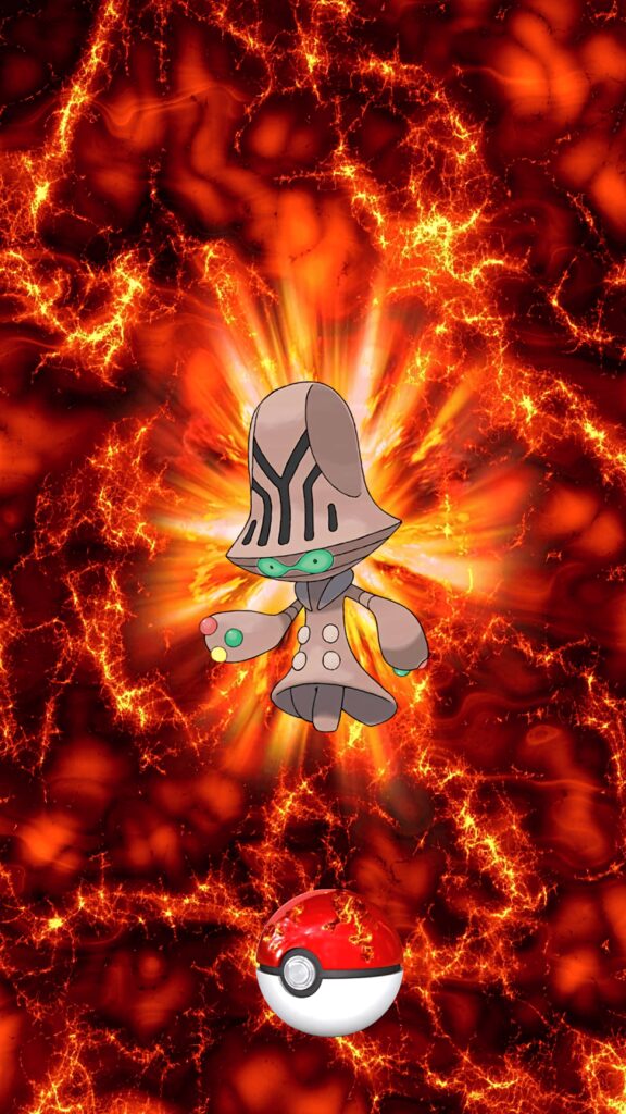 Beheeyem in fiery red and orange energy with Poké Ball below intense Pokémon wallpaper background