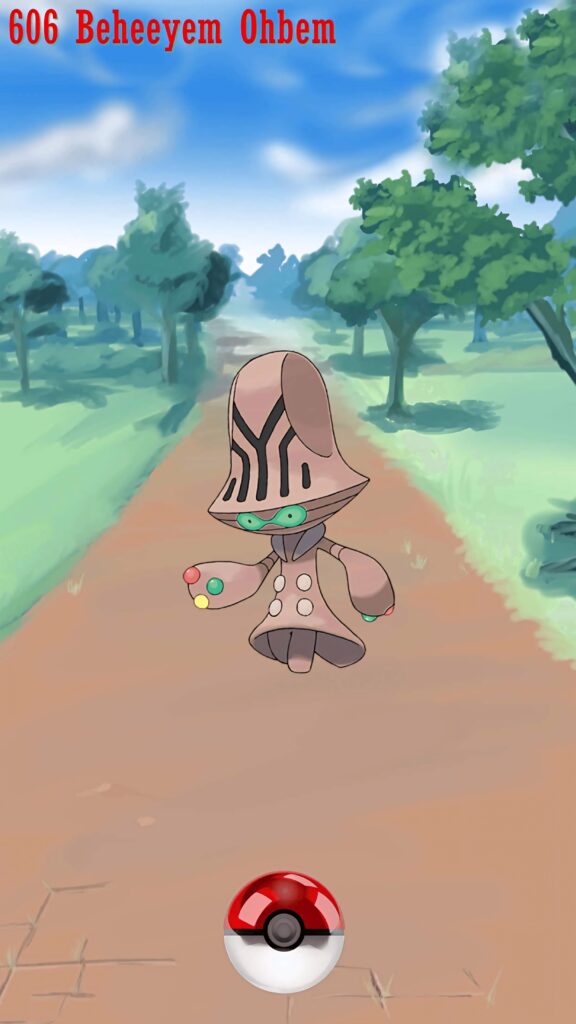 Beheeyem floating on sunlit rural road lined with trees under bright blue sky outdoor wallpaper