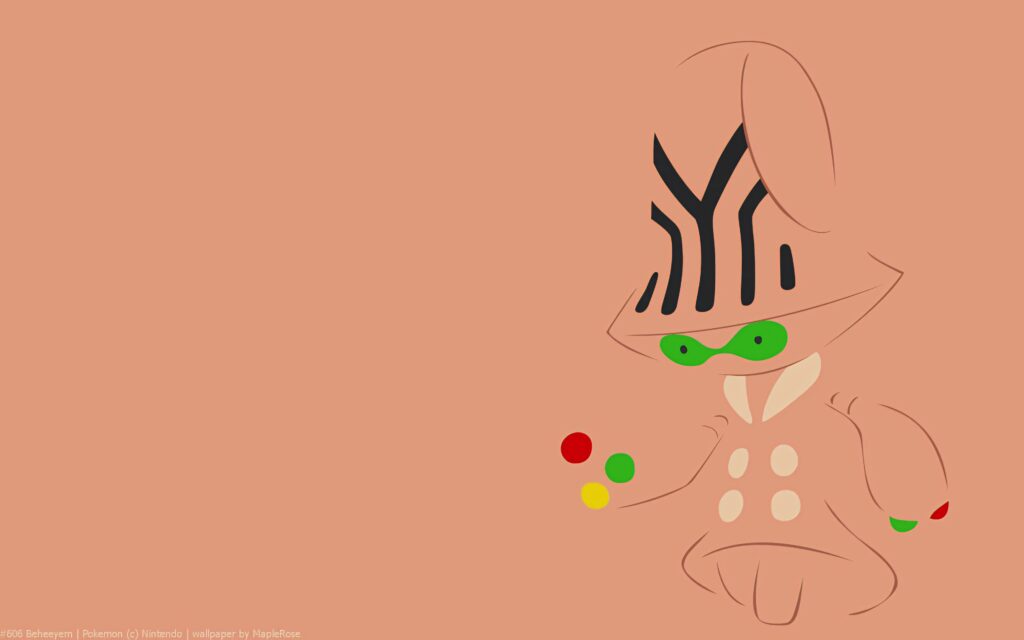 Minimalist Beheeyem wallpaper with striped head green eyes and colorful fingertip lights on peach
