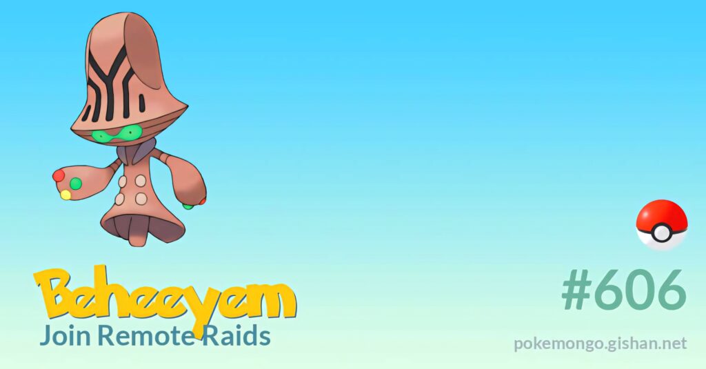 Beheeyem Pokémon 606 on blue gradient background with join remote raids playful text wallpaper