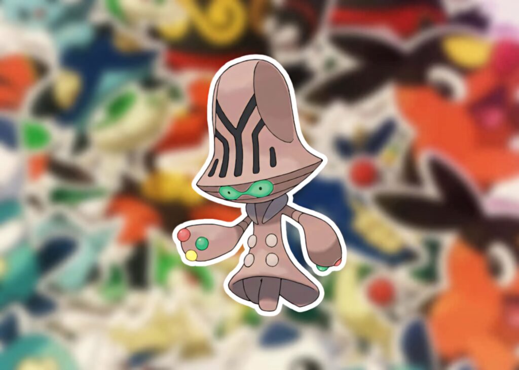 Beheeyem Pokémon prominently in foreground with colorful blurred Pokémon shapes wallpaper background