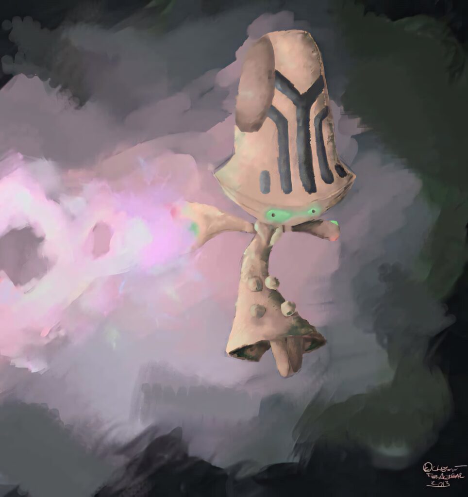 Beheeyem glowing with psychic energy surrounded by swirling mist vibrant digital art wallpaper