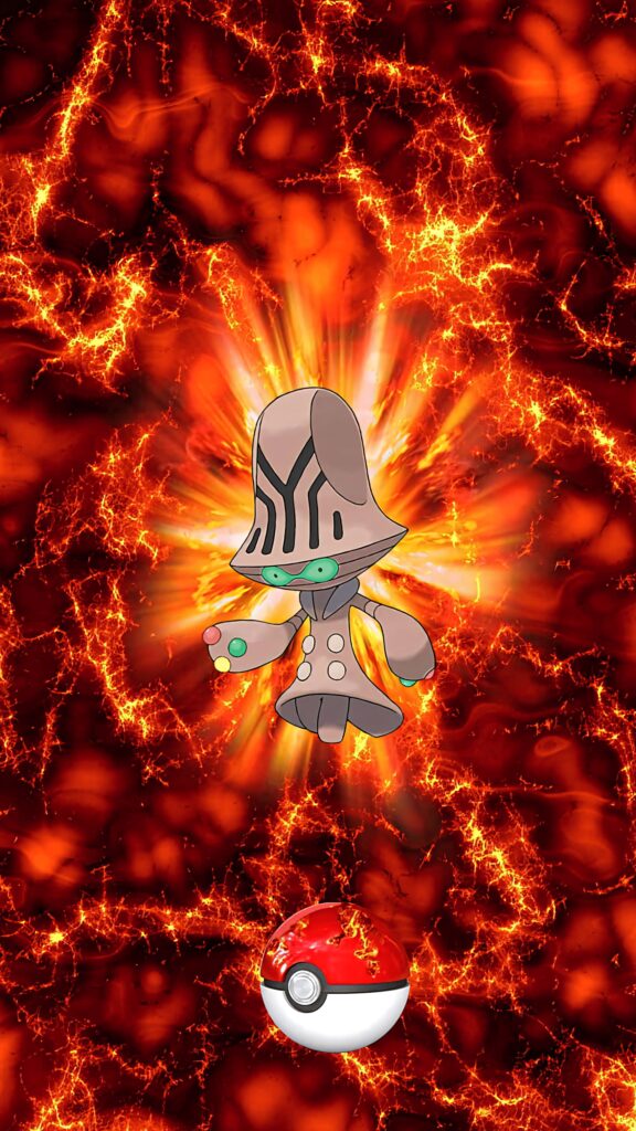 Beheeyem Psychic Pokemon in fiery electric explosion with vibrant red orange energy and Pokeball Wallpaper
