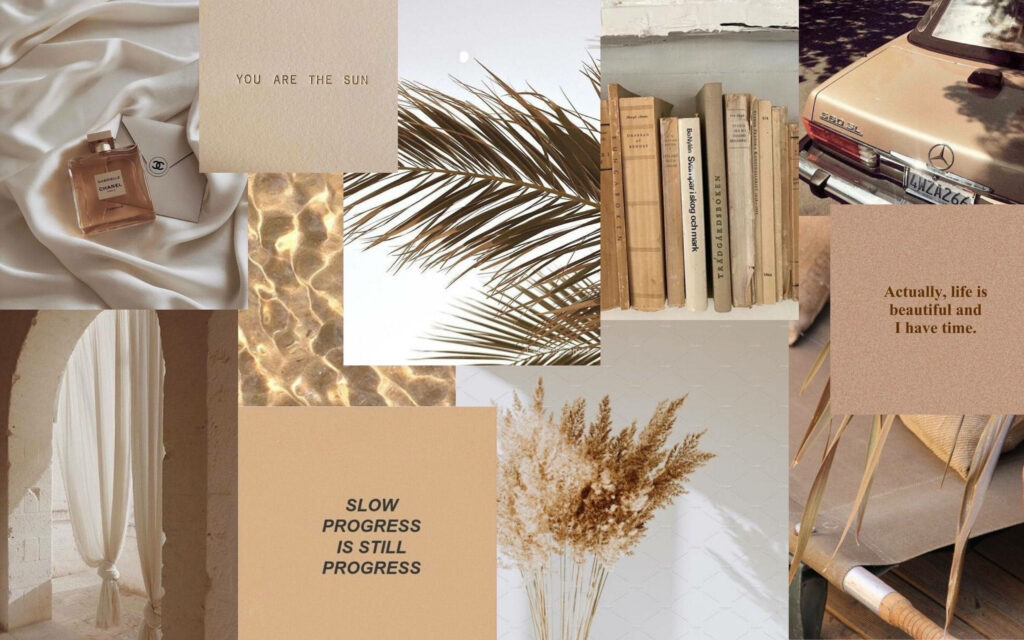 Serene bedroom collage with calming quotes and textured fabrics Wallpaper