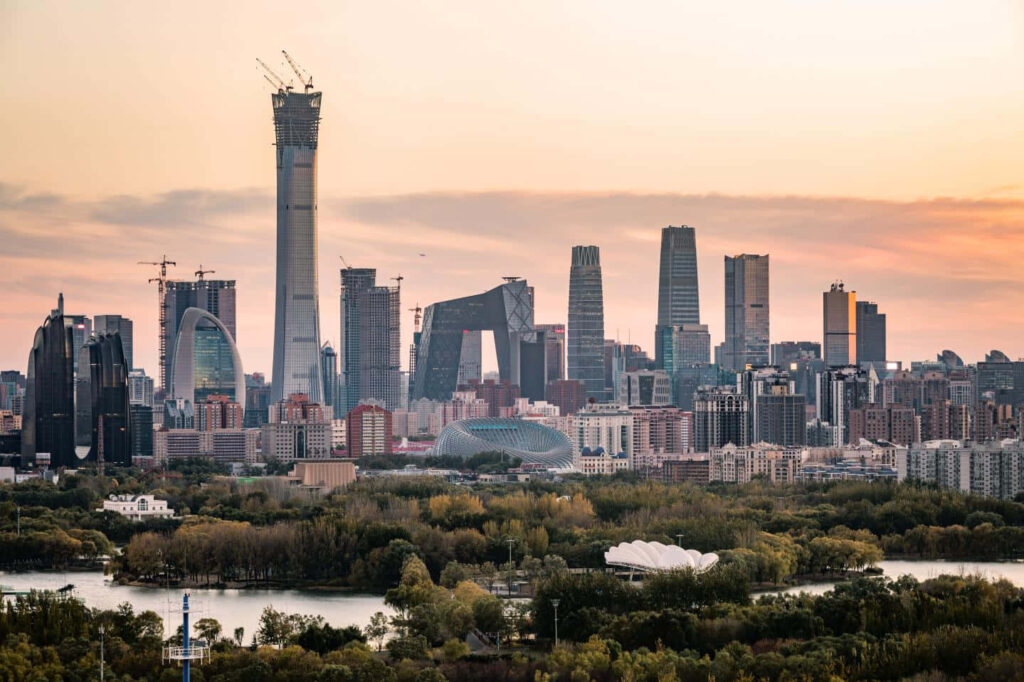 Stunning Beijing Skyline: Modern Skyscrapers & Serene Sunset Wallpaper