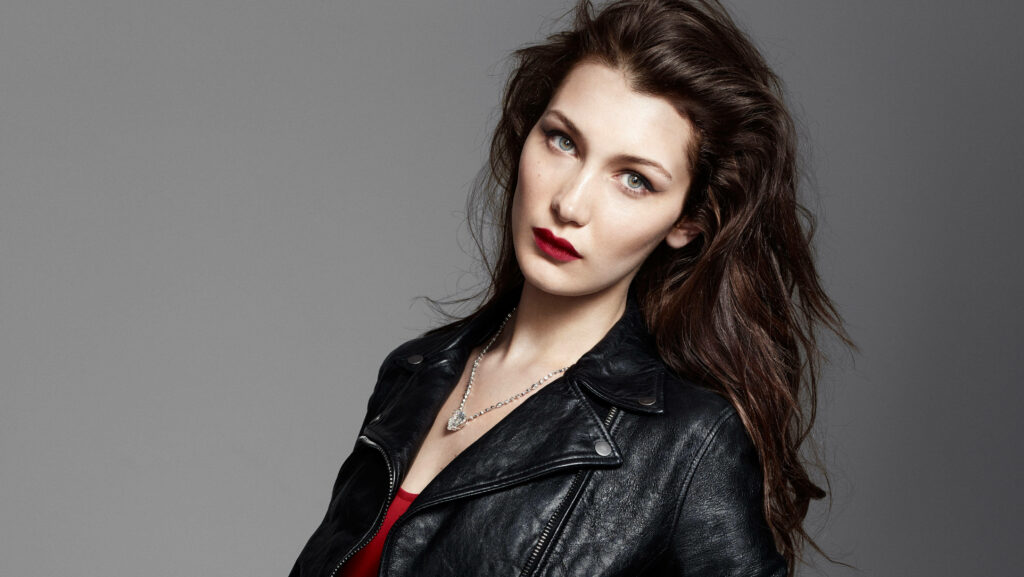 Bella Hadid Chic Wallpaper: Sleek Leather Jacket & Bold Red Lipstick