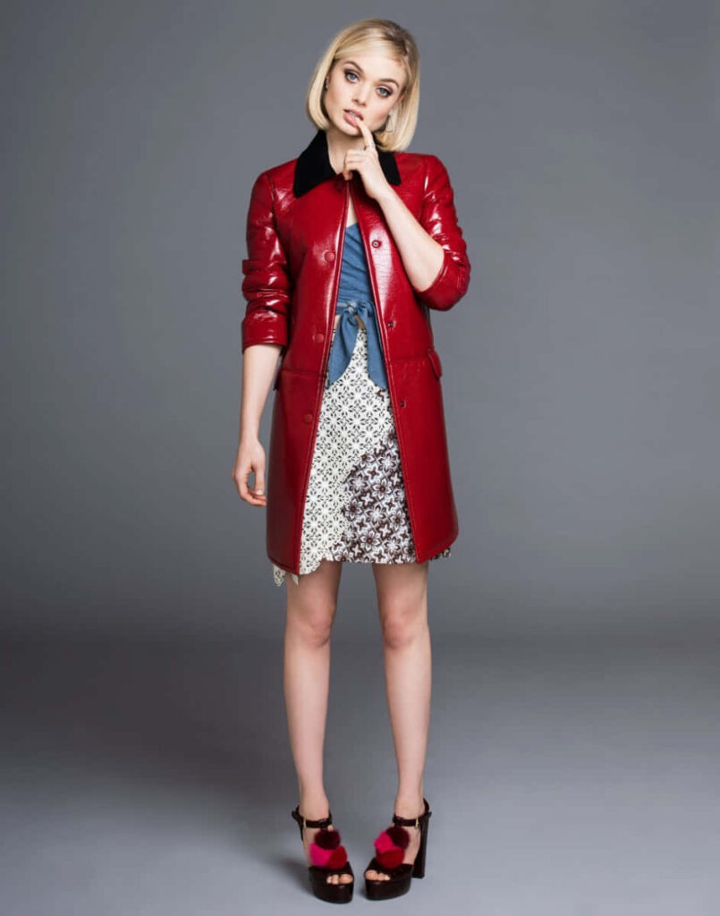 Bella Heathcote glamorous portrait in stylish red coat minimalist gray background wallpaper