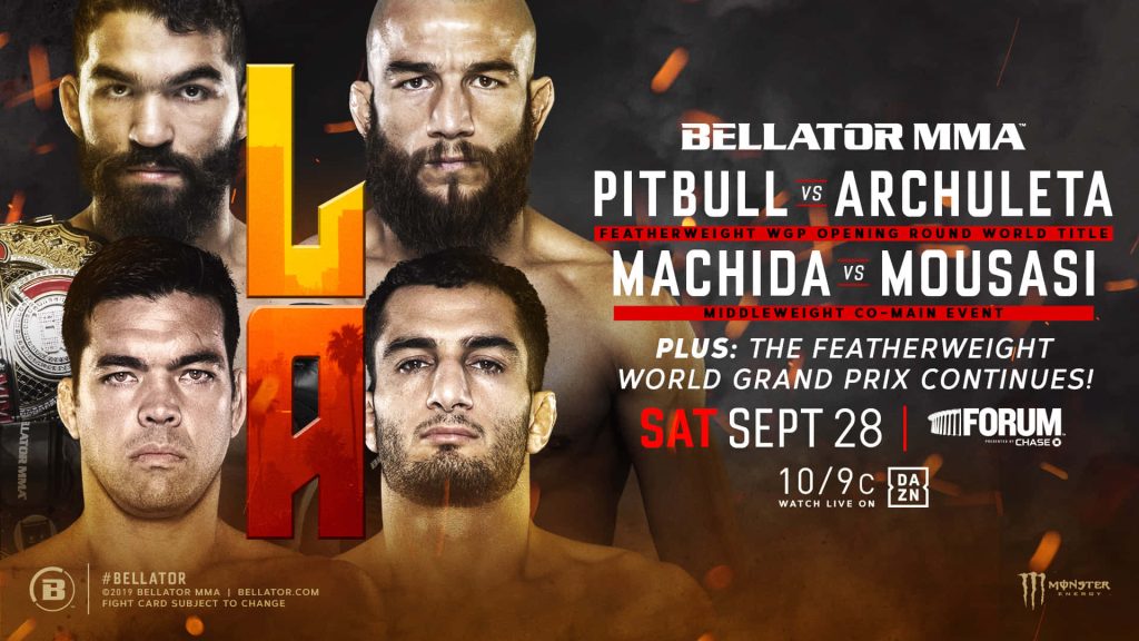 Bellator 228 poster with MMA stars Pitbull Freire Archuleta Machida Mousasi Featherweight Grand Prix Wallpaper
