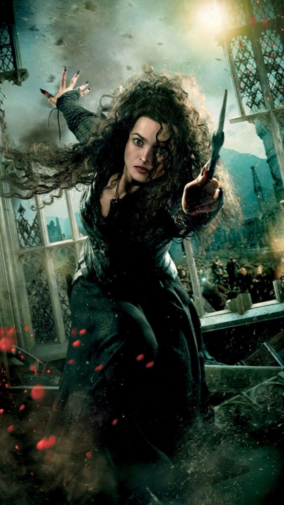 Bellatrix Lestrange casting a fierce spell in battle with sparks and debris flying around her Wallpaper
