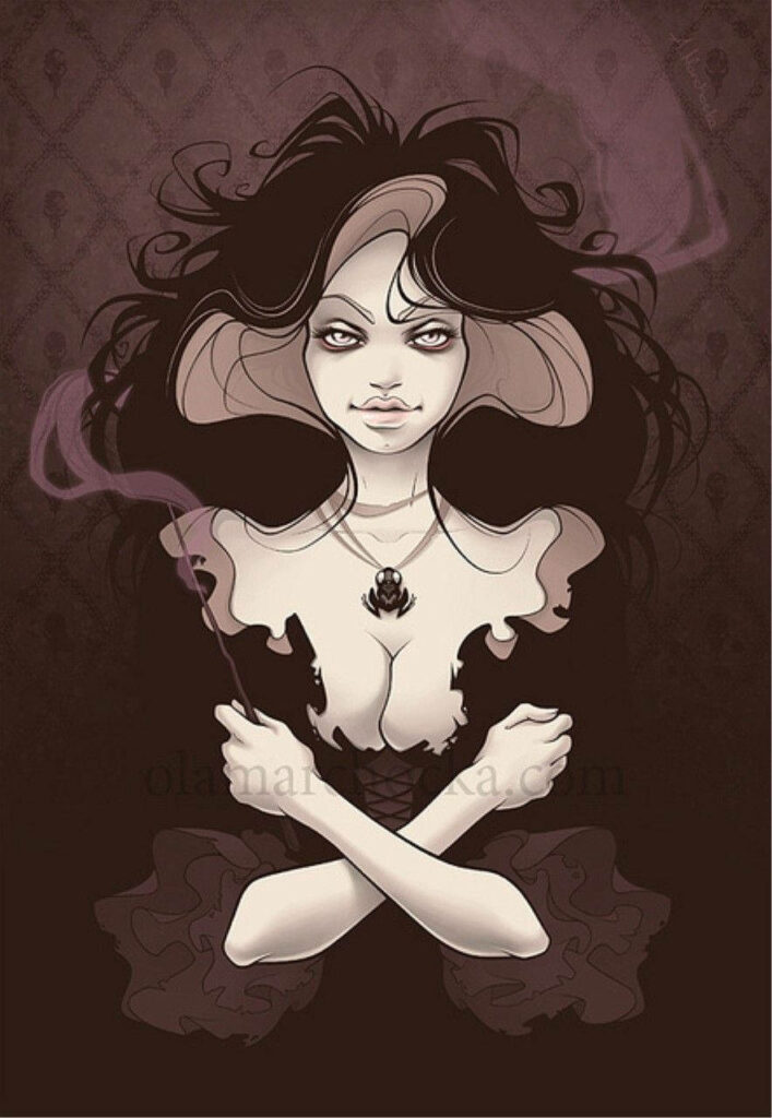 Bellatrix Lestrange with wild dark hair holding wand crossed arms intense mysterious wallpaper