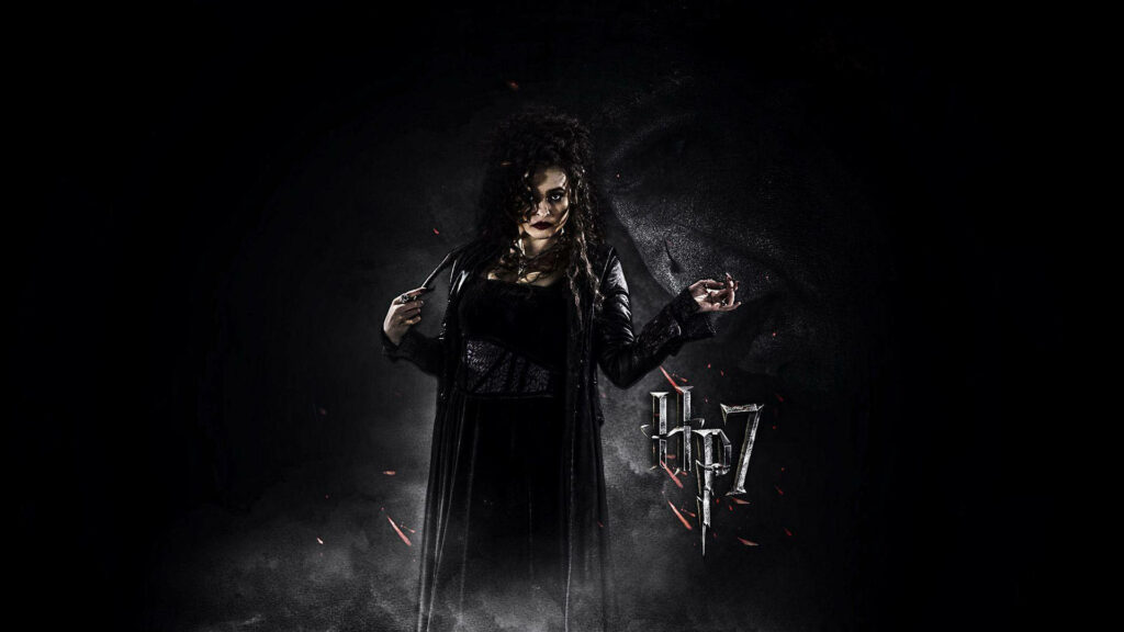 Bellatrix Lestrange dark dramatic poster with shadows and Harry Potter 7 logo wallpaper background