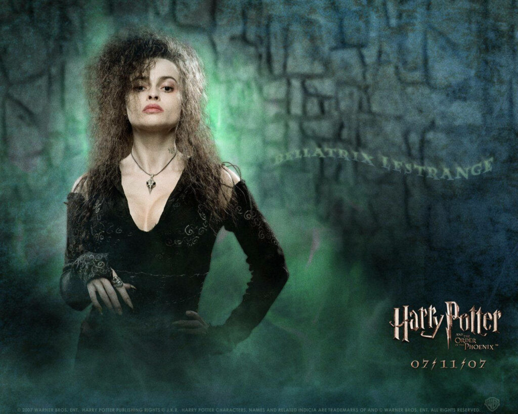 Bellatrix Lestrange dark intense pose with green smoke stone wall Harry Potter wallpaper background