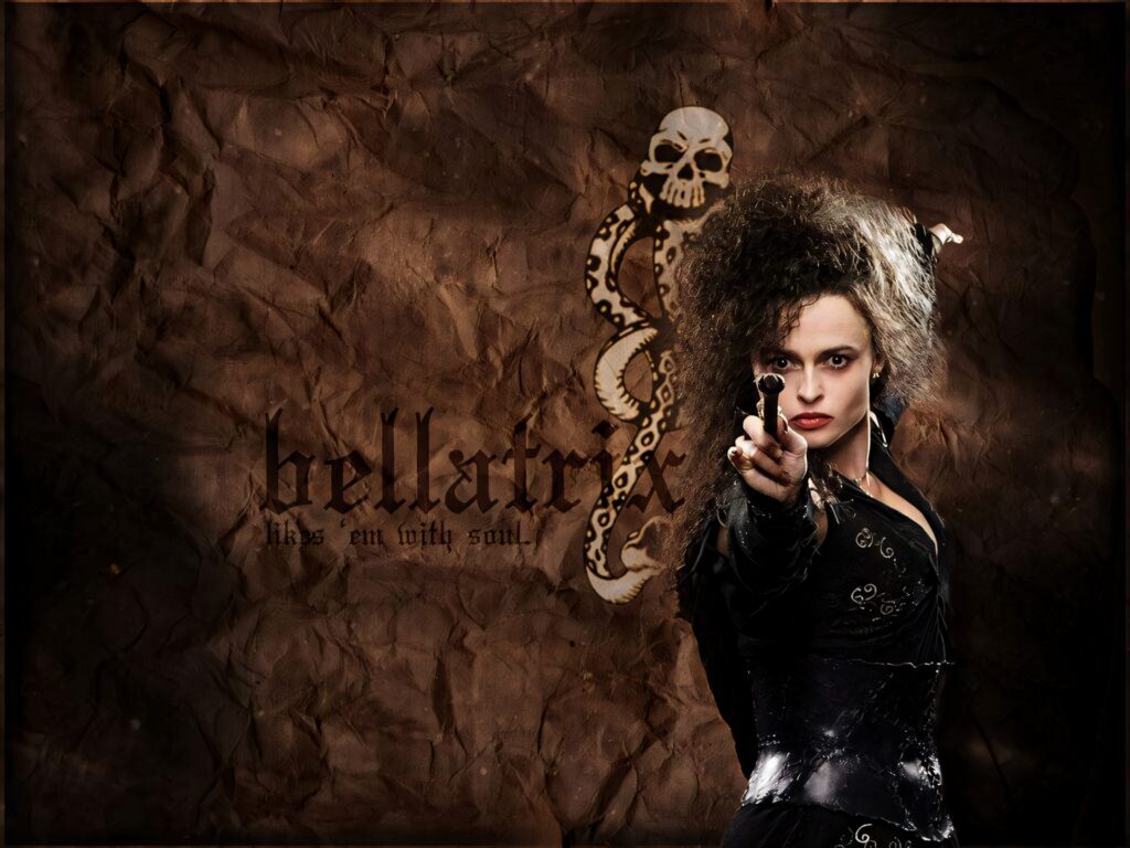 Bellatrix Lestrange with wand raised dark skull serpent wallpaper intense menacing poster