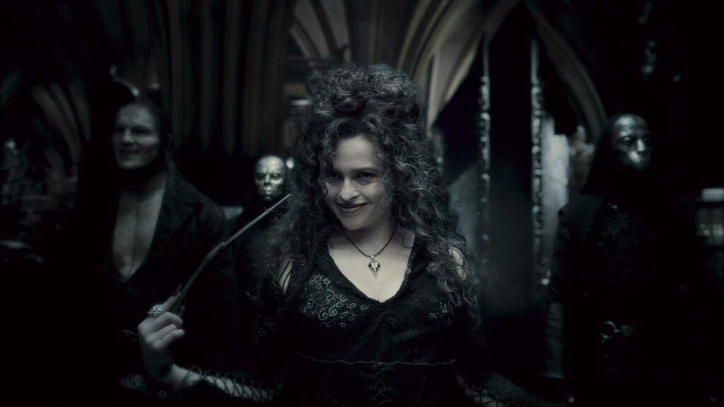 Bellatrix Lestrange with wand dark figures wallpaper wild eccentric wizarding world scene