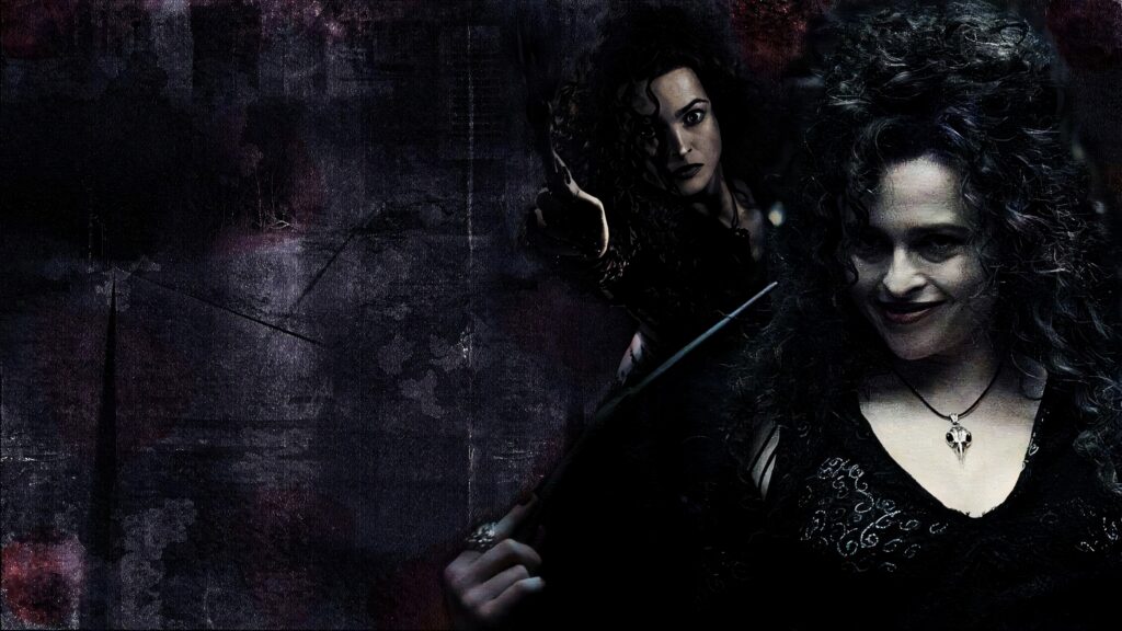 Bellatrix Lestrange with wand and wicked smile dark menacing presence shadowy background wallpaper