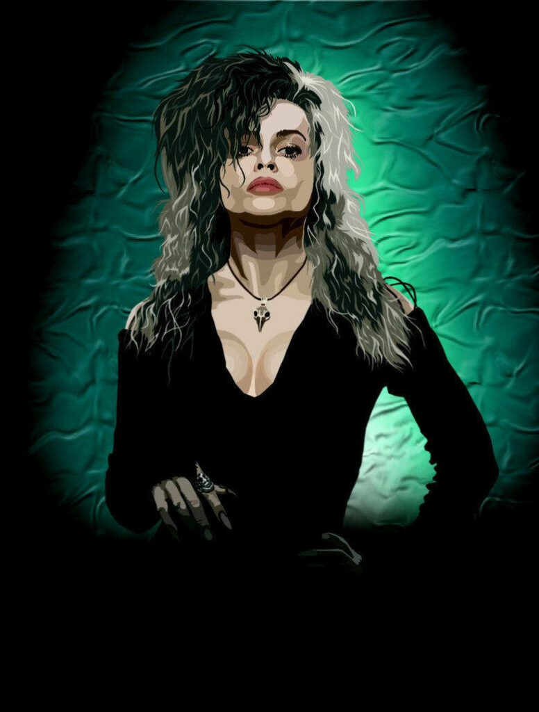 Bellatrix Lestrange digital art wallpaper green background intense rebellious Harry Potter character