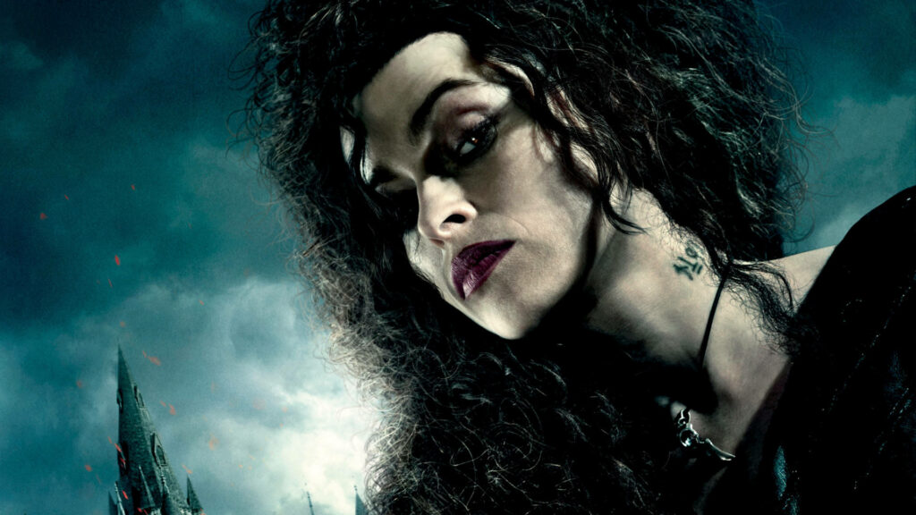 Bellatrix Lestrange side view with wild hair intense expression stormy dark moody background wallpaper
