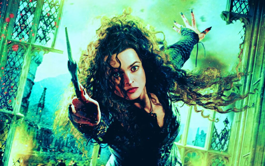 Bellatrix Lestrange in dynamic pose with vibrant green tones dramatic poster wallpaper background