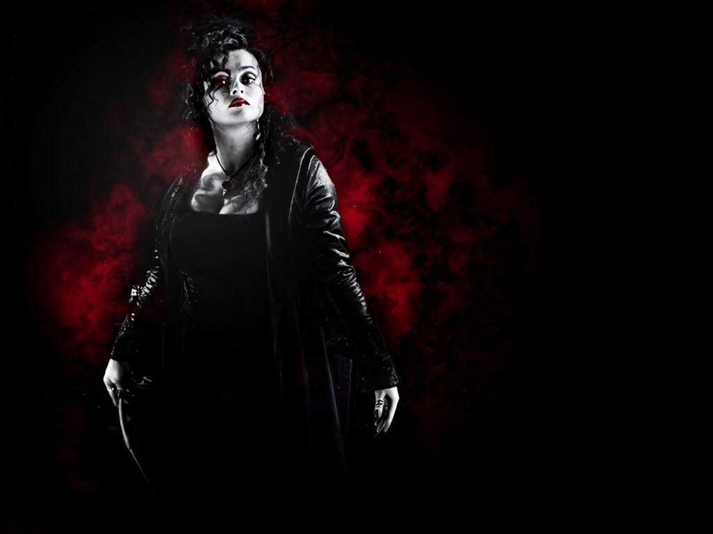 Bellatrix Lestrange fierce pose with red smoke dark background dramatic photo session wallpaper