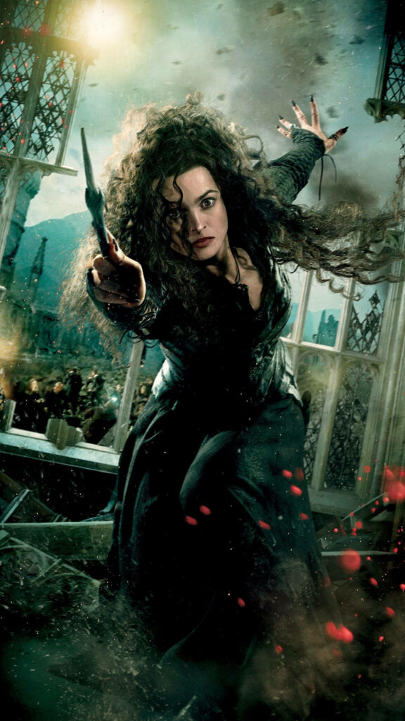 Bellatrix Lestrange leaps fiercely amid shattered glass and magical energy in battle wallpaper