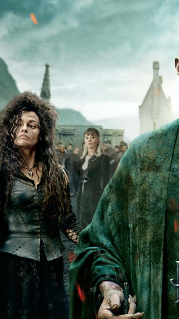 Bellatrix Lestrange fierce pose stormy sky mysterious figures Harry Potter intense wallpaper