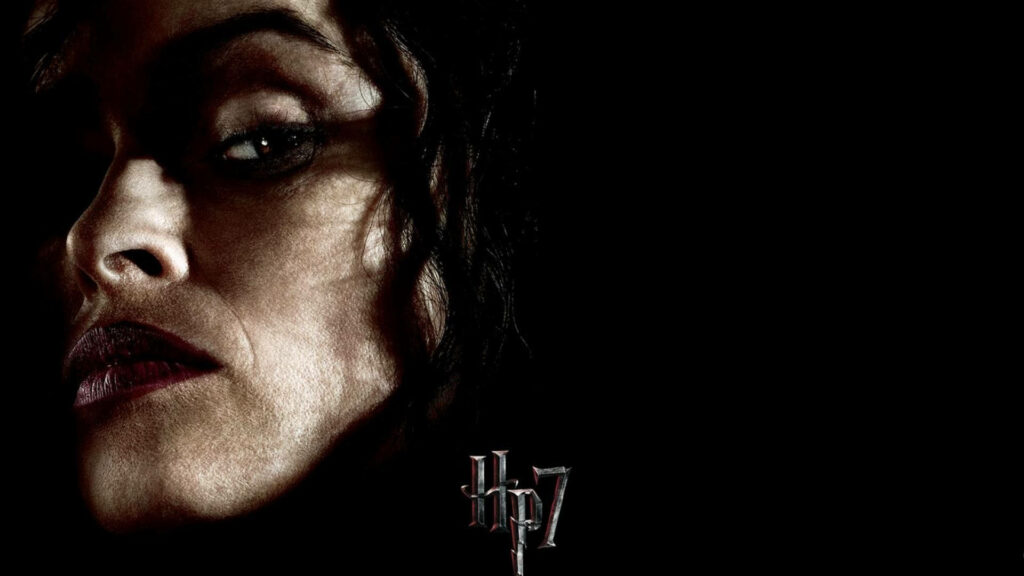 Bellatrix Lestrange intense close-up dark background Harry Potter 7 HP7 logo wallpaper