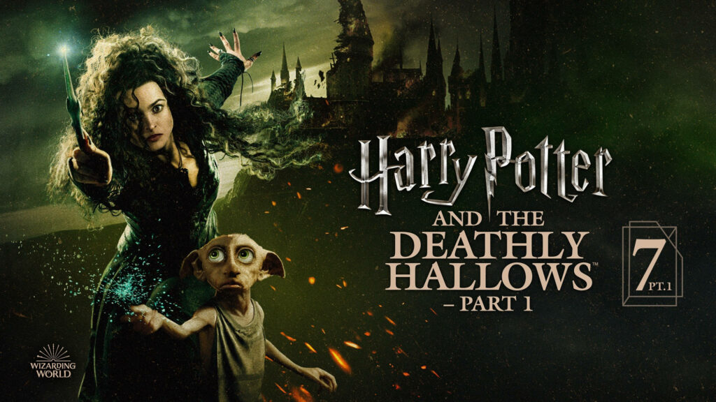 Bellatrix Lestrange with raised wand beside worried Dobby at dark Hogwarts scene wallpaper