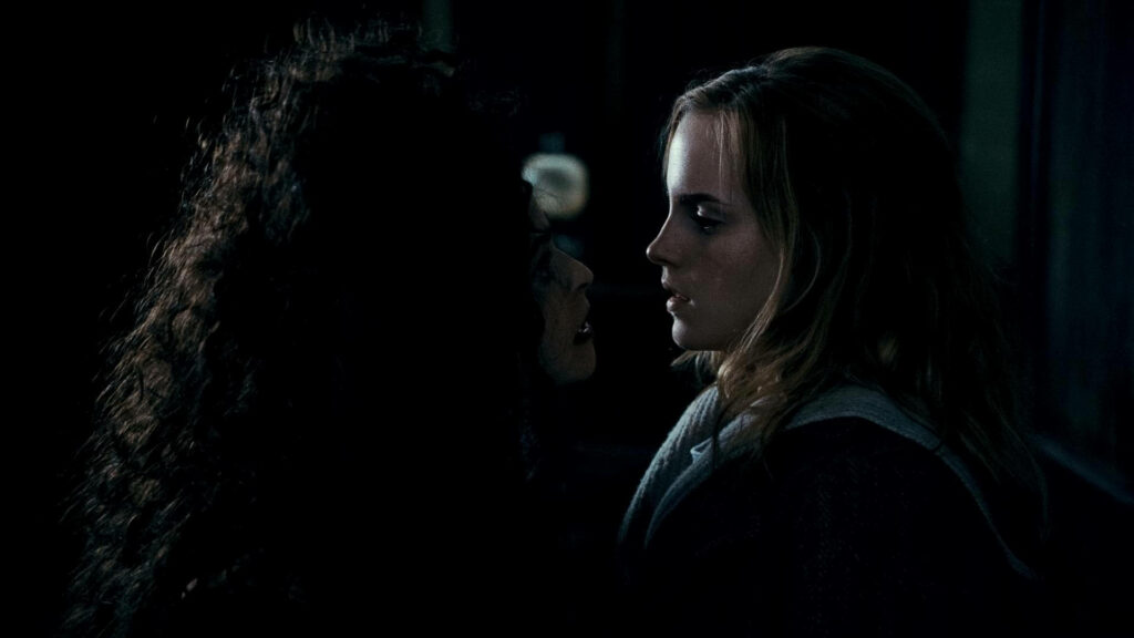 Bellatrix Lestrange and Hermione in intense dark Harry Potter scene wallpaper background