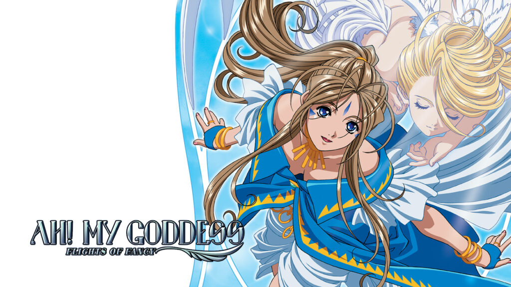 Belldandy from Ah My Goddess Flights of Fancy soaring with flowing hair against blue sky Wallpaper