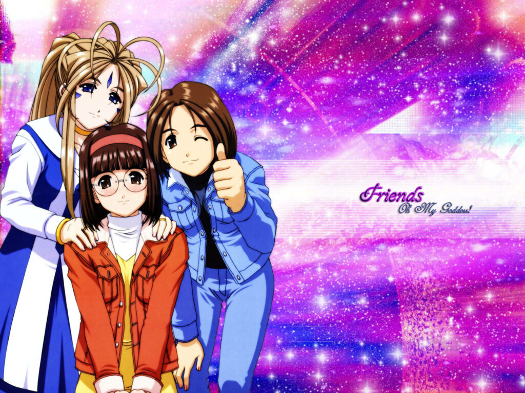 Belldandy and friends from Ah My Goddess smiling against vibrant cosmic wallpaper background