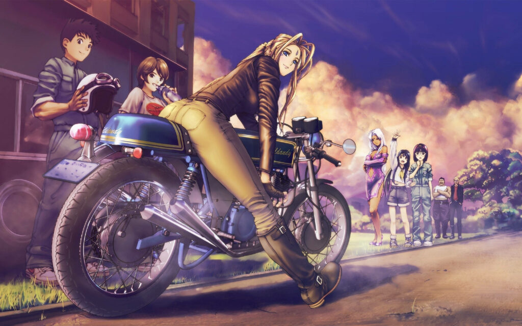 Belldandy on classic cafe racer motorcycle with friends under vibrant sky stylish energetic scene Wallpaper