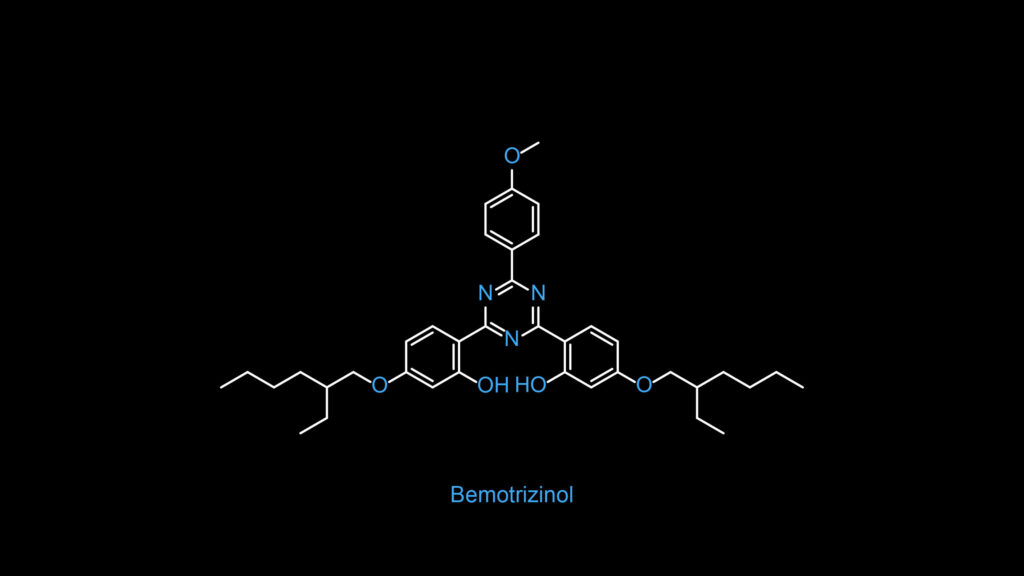 Bemotrizinol structural formula chemistry wallpaper with blue and white molecular design on black