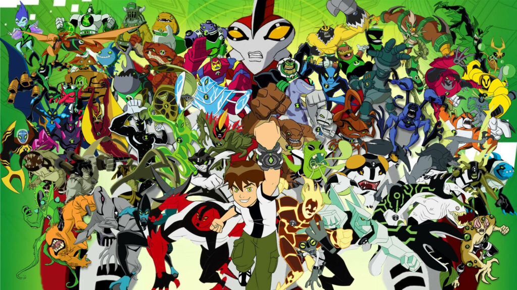 Ben 10 wallpaper with all alien transformations showcasing diverse powers in dynamic background