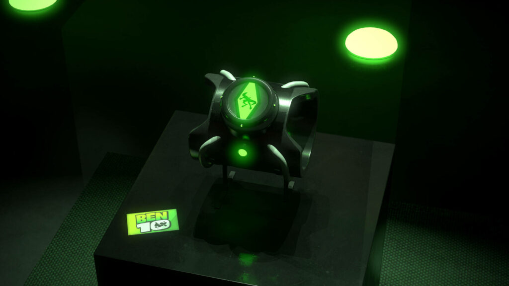 Omnitrix from Ben 10 glowing green on sleek podium futuristic design wallpaper background