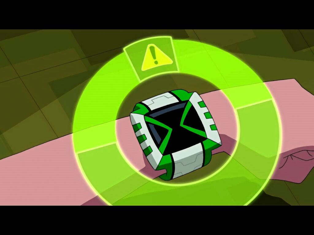 Ben 10 Omnitrix glowing green caution symbol alert mode wallpaper background design