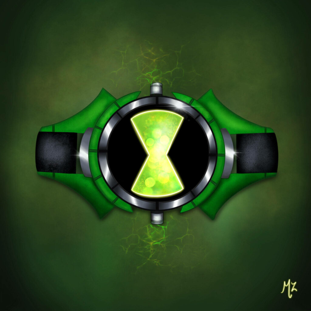 Top-down view of Ben 10 Omnitrix glowing hourglass green black design wallpaper background