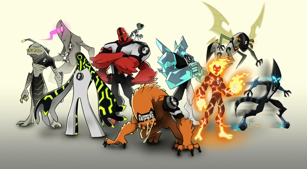 Ultimate Heroic Lineup: Ben 10's Original Aliens Strike a Pose Against a Gritty White Backdrop Wallpaper