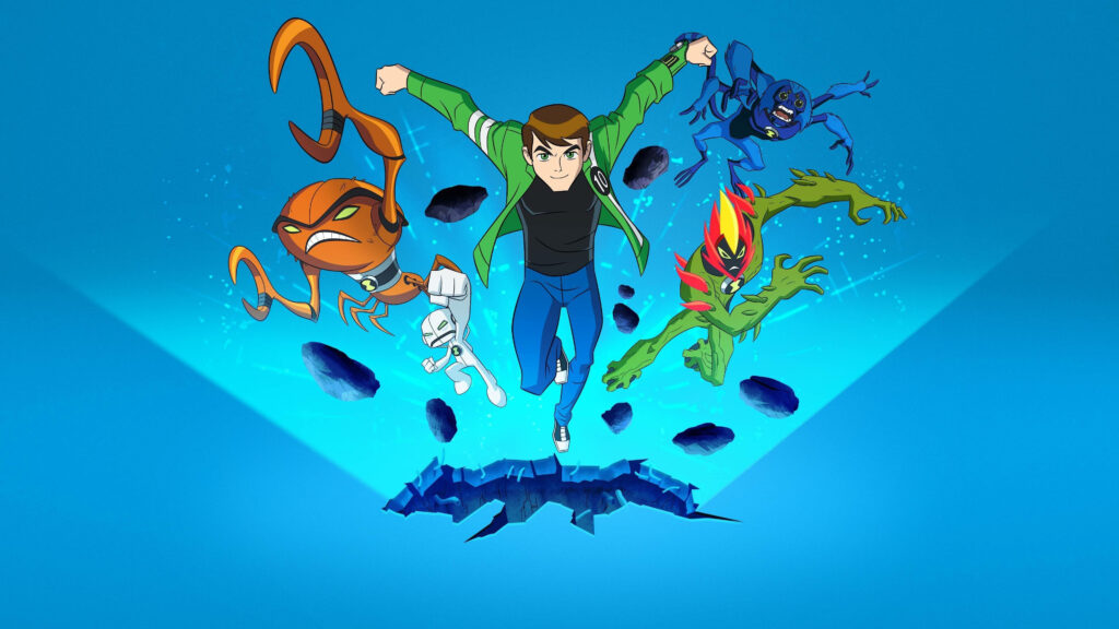 Powerful Transformations: Ben 10's Ultimate Alien Force Unleashed on a Striking Blue Backdrop Wallpaper