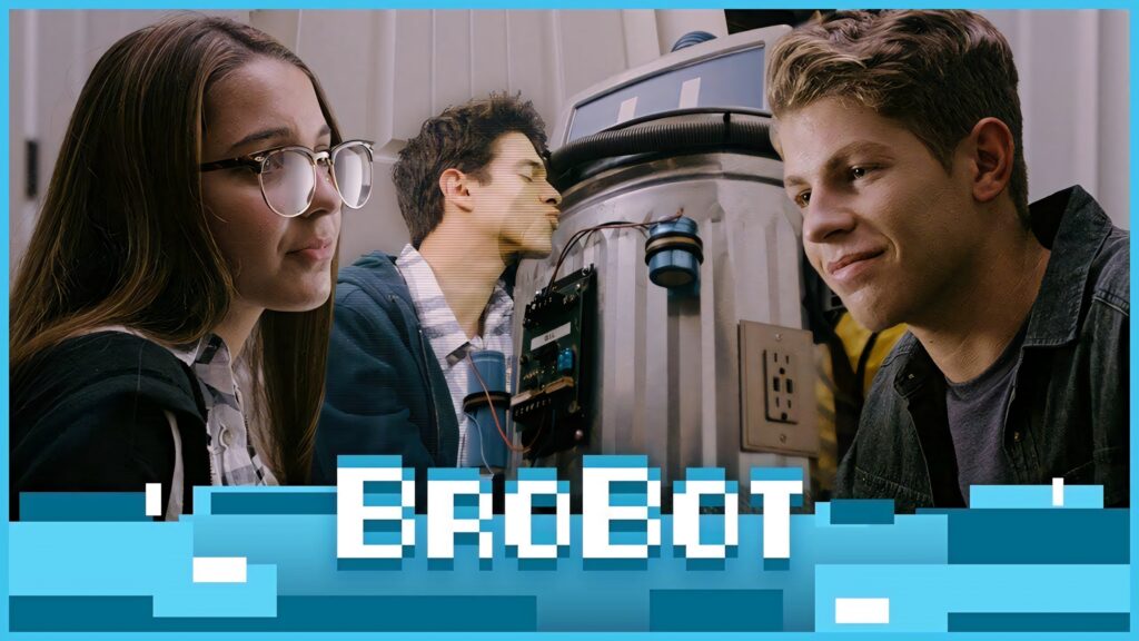 Ben Azelart and cast with quirky robot wallpaper showcasing Brobot adventurous comedy spirit