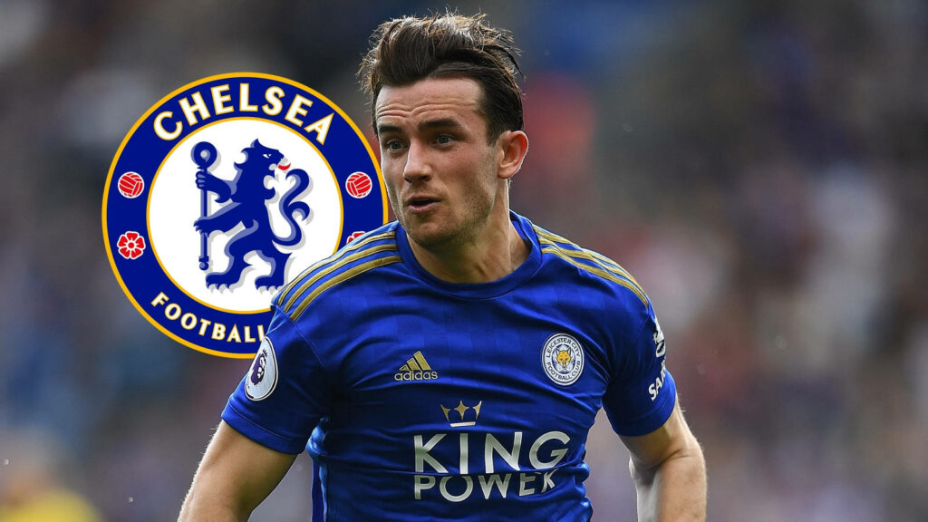 Ben Chilwell playing for Chelsea Football Club with Chelsea logo wallpaper background