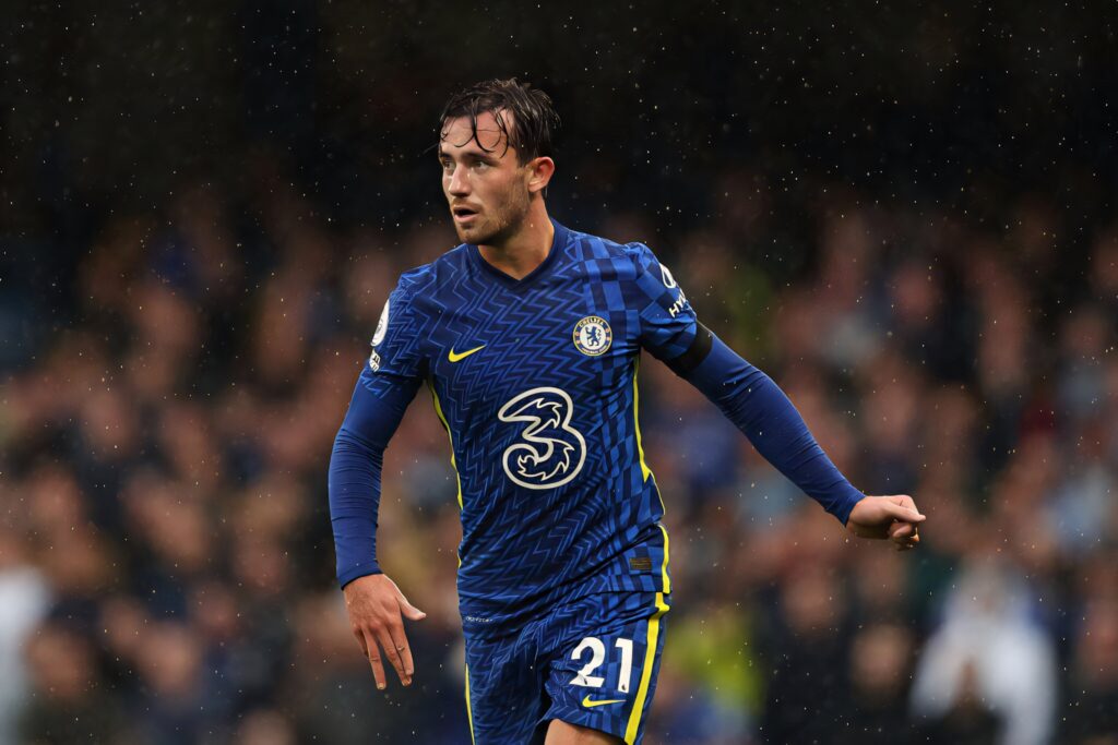 Ben Chilwell Chelsea FC player in action focused during football match on the field wallpaper background