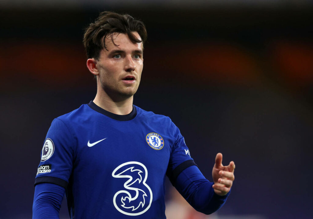 Ben Chilwell in Chelsea FC kit focused during intense football match close-up wallpaper