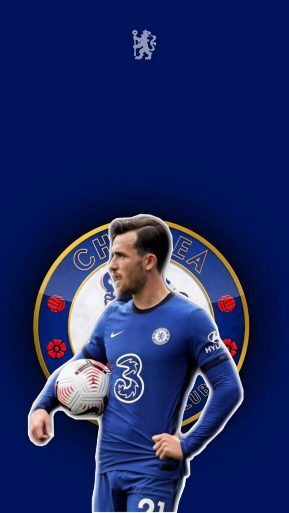 Chelsea FC player Ben Chilwell in blue kit with club logo focused and determined wallpaper